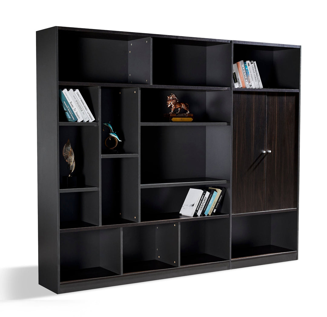 Titan Walnut Plywood Bookshelf with Black Storage Cabinet – Modern Shelving Unit