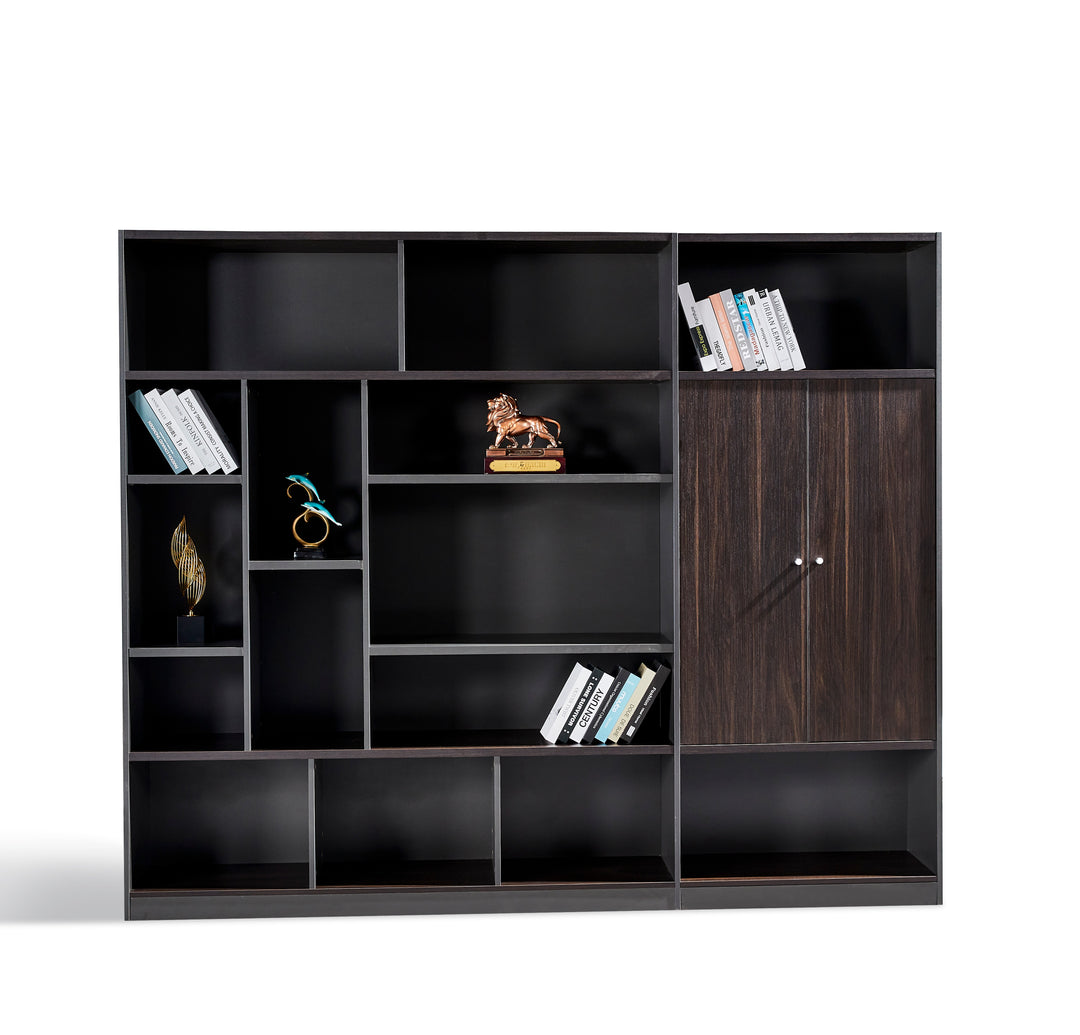 Titan Walnut Plywood Bookshelf with Black Storage Cabinet – Modern Shelving Unit