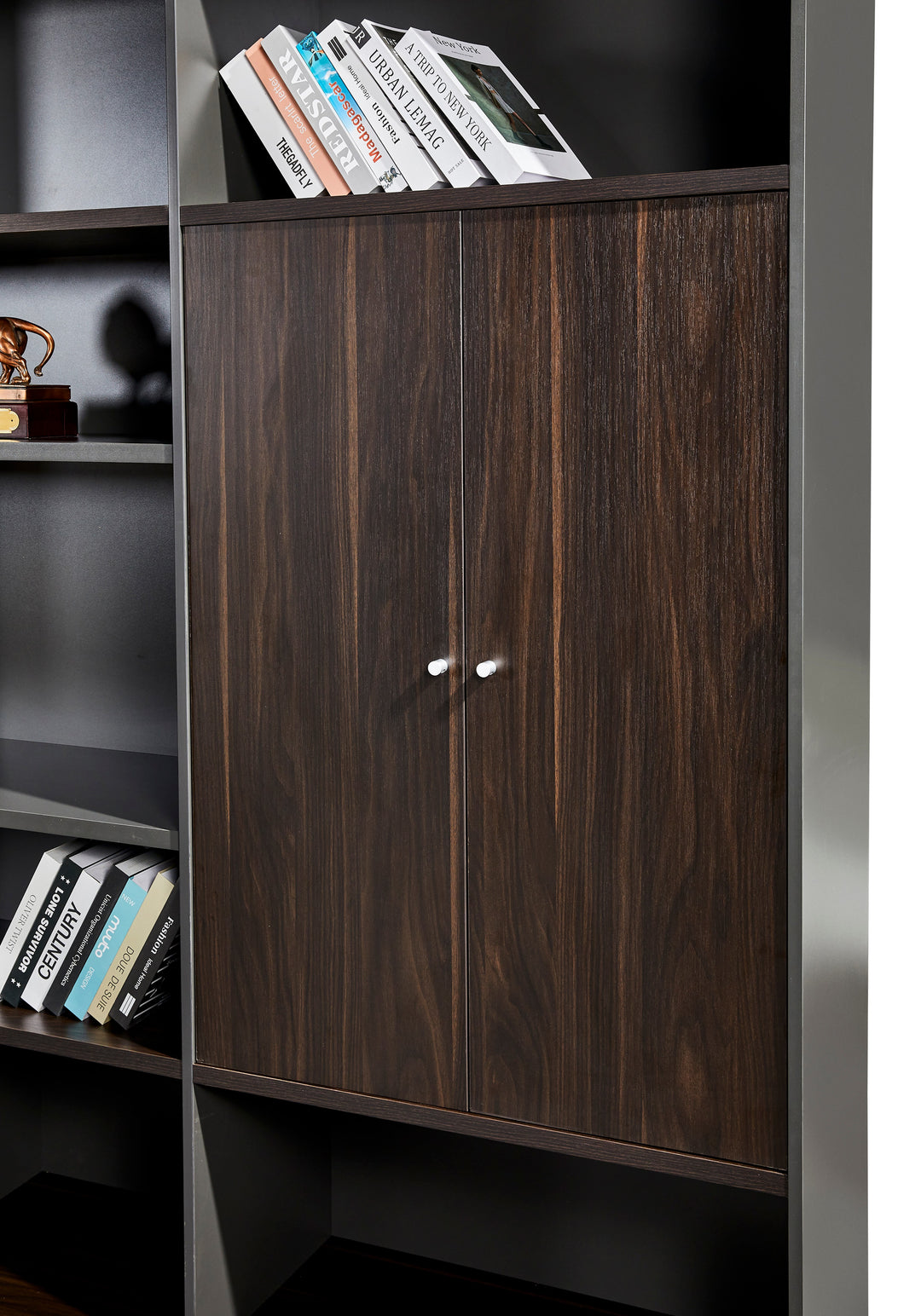 Titan Walnut Plywood Bookshelf with Black Storage Cabinet – Modern Shelving Unit