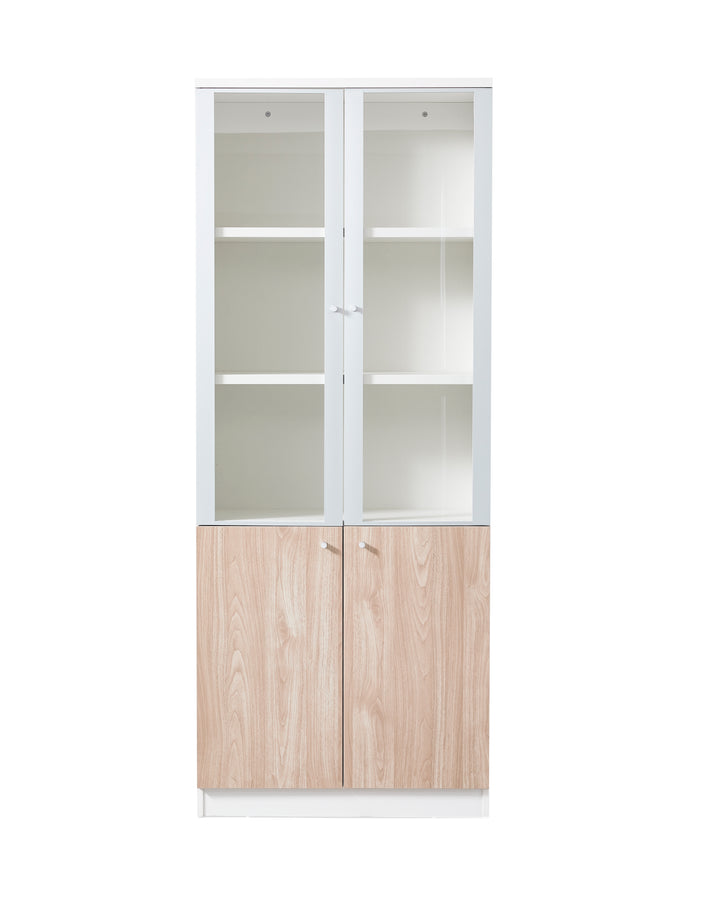 Nika Oak White Plywood Bookshelf with Glass Display and Storage Cabinet – Contemporary Design