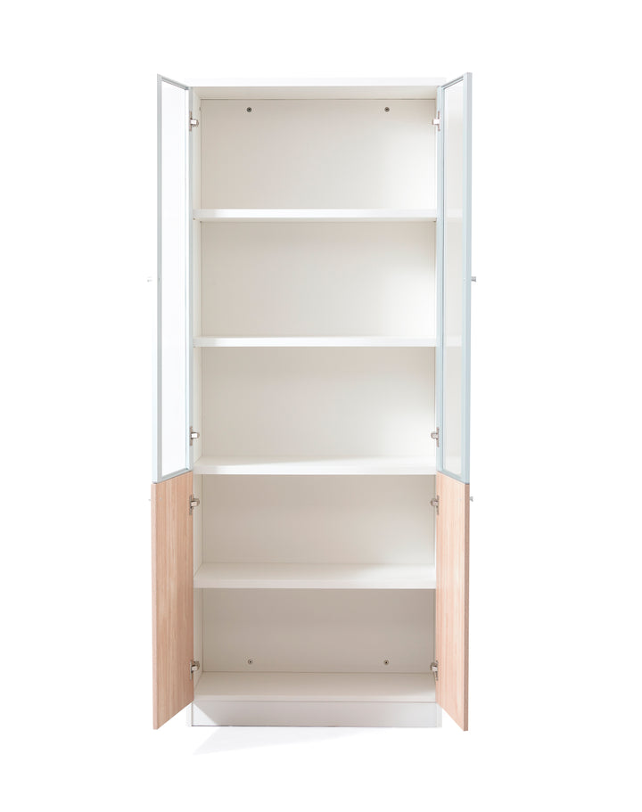 Nika Oak White Plywood Bookshelf with Glass Display and Storage Cabinet – Contemporary Design