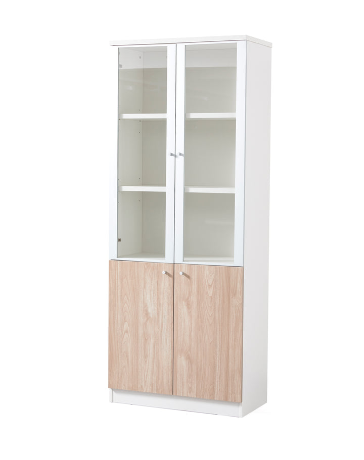 Nika Oak White Plywood Bookshelf with Glass Display and Storage Cabinet – Contemporary Design