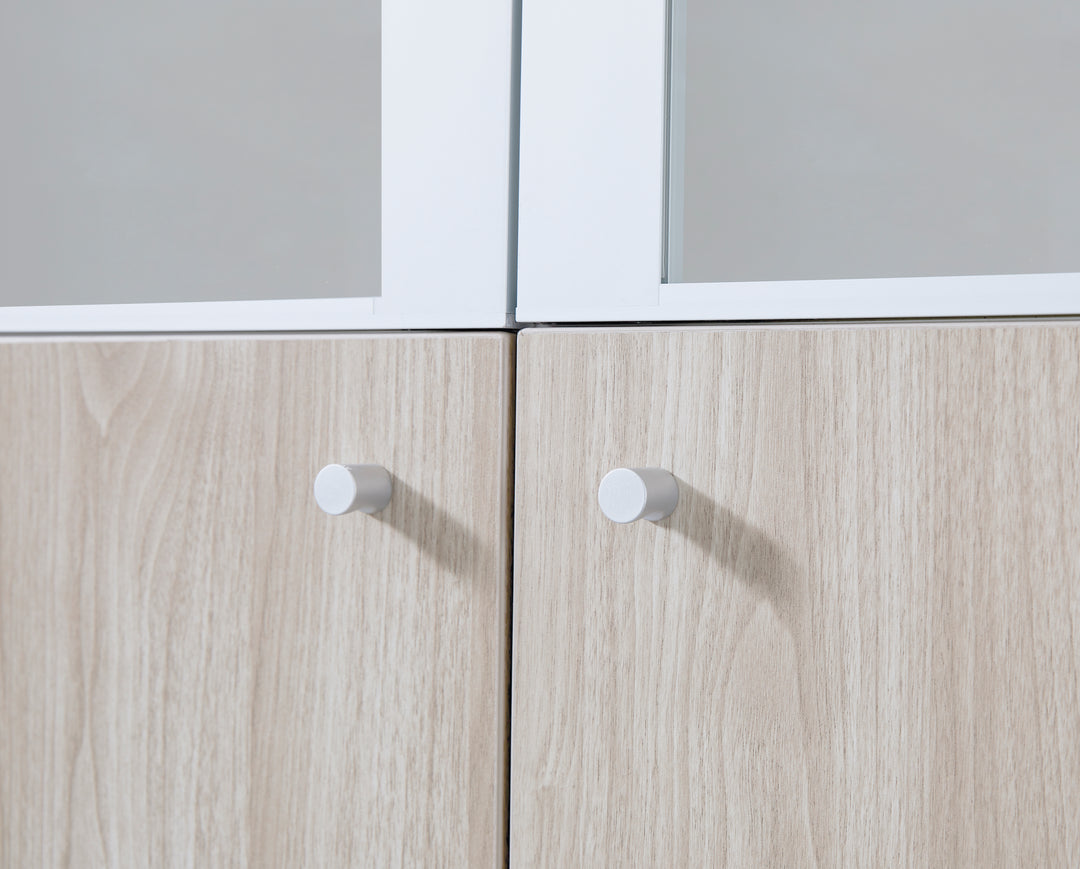 Nika Oak White Plywood Bookshelf with Glass Display and Storage Cabinet – Contemporary Design