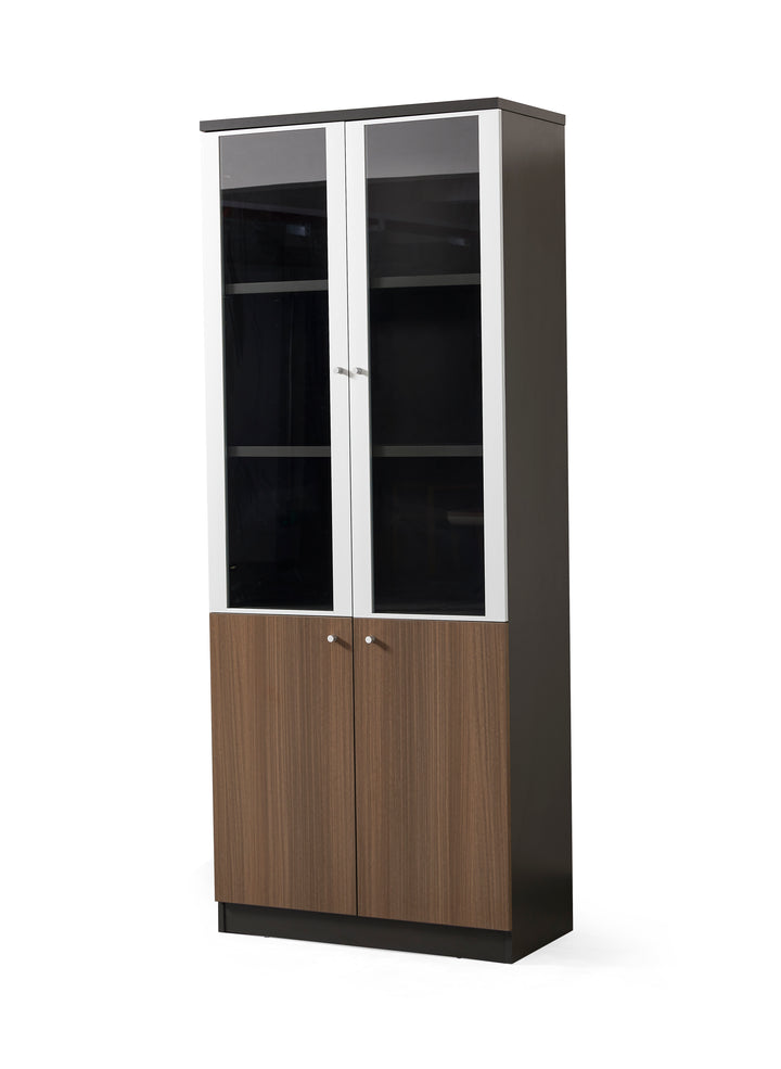 Teak Grey Plywood Bookshelf with Glass Display and Storage Cabinet – Contemporary Design