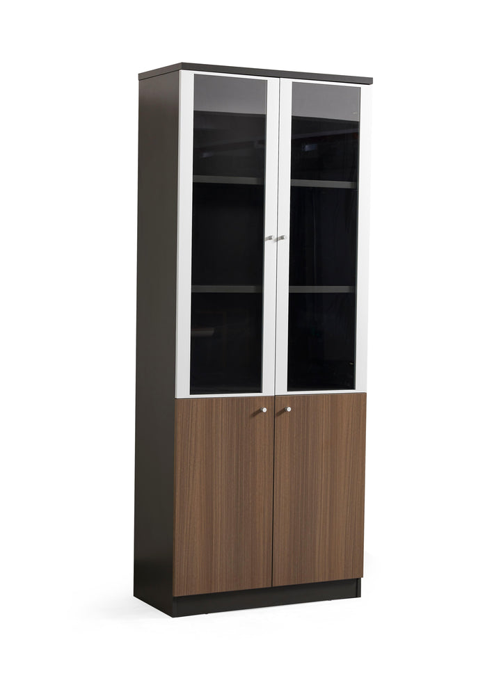Teak Grey Plywood Bookshelf with Glass Display and Storage Cabinet – Contemporary Design