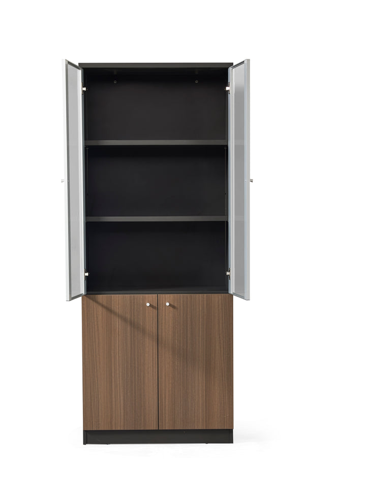 Teak Grey Plywood Bookshelf with Glass Display and Storage Cabinet – Contemporary Design
