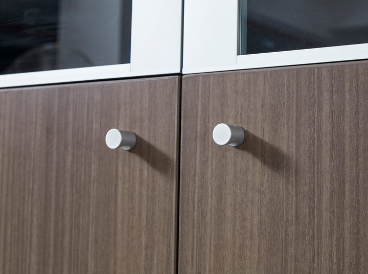 Teak Grey Plywood Bookshelf with Glass Display and Storage Cabinet – Contemporary Design