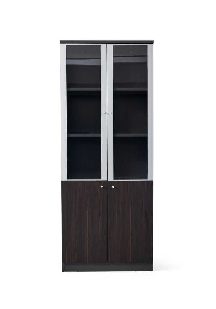 Titan Walnut Plywood Bookshelf with Glass Display and Storage Cabinet – Contemporary Design