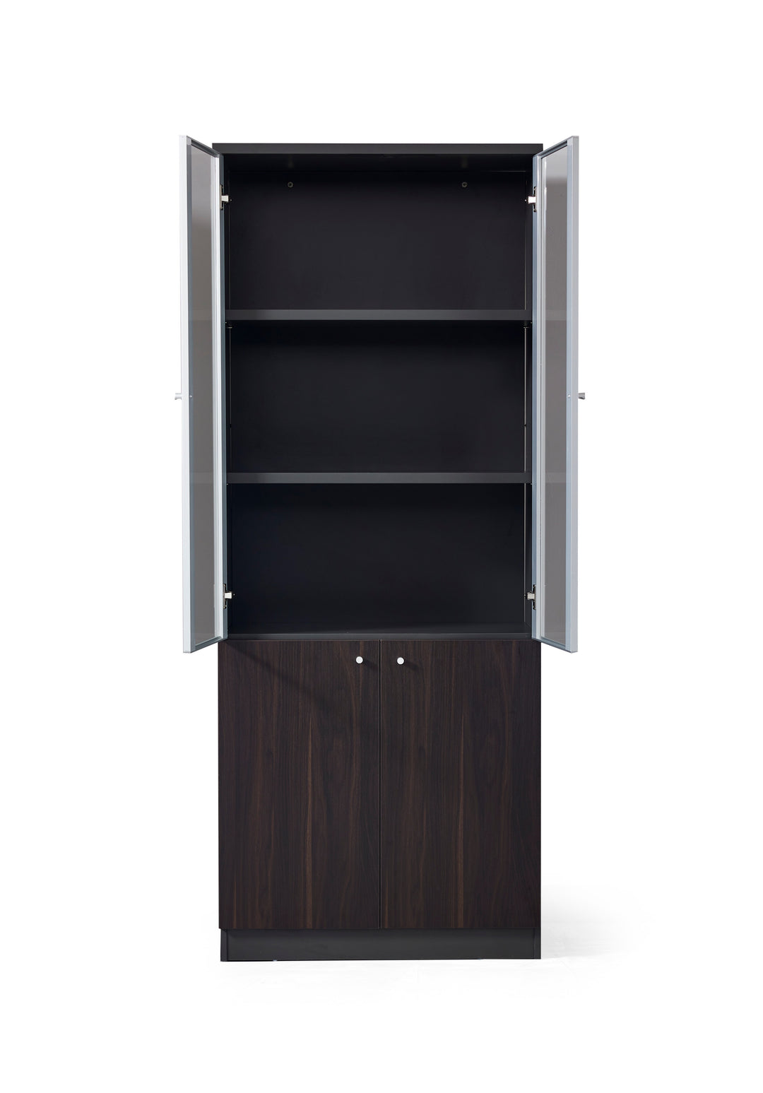Titan Walnut Plywood Bookshelf with Glass Display and Storage Cabinet – Contemporary Design