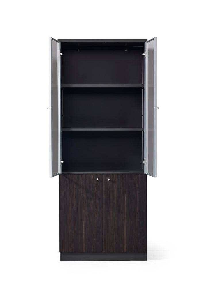 Titan Walnut Plywood Bookshelf with Glass Display and Storage Cabinet – Contemporary Design