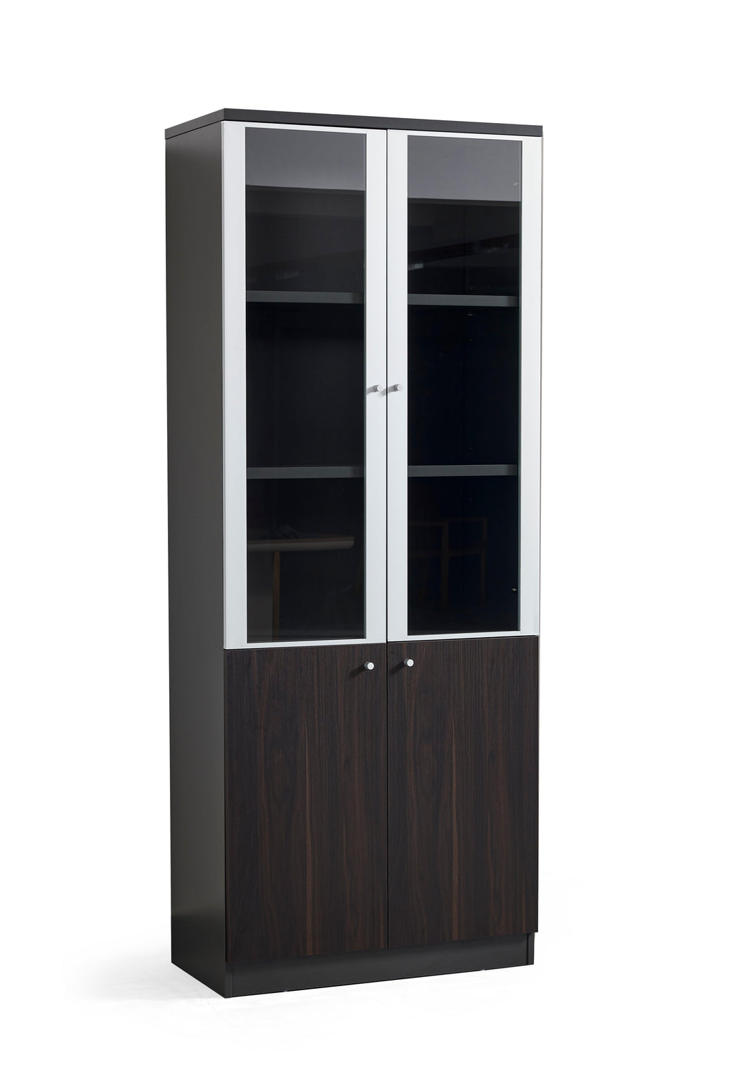 Titan Walnut Plywood Bookshelf with Glass Display and Storage Cabinet – Contemporary Design