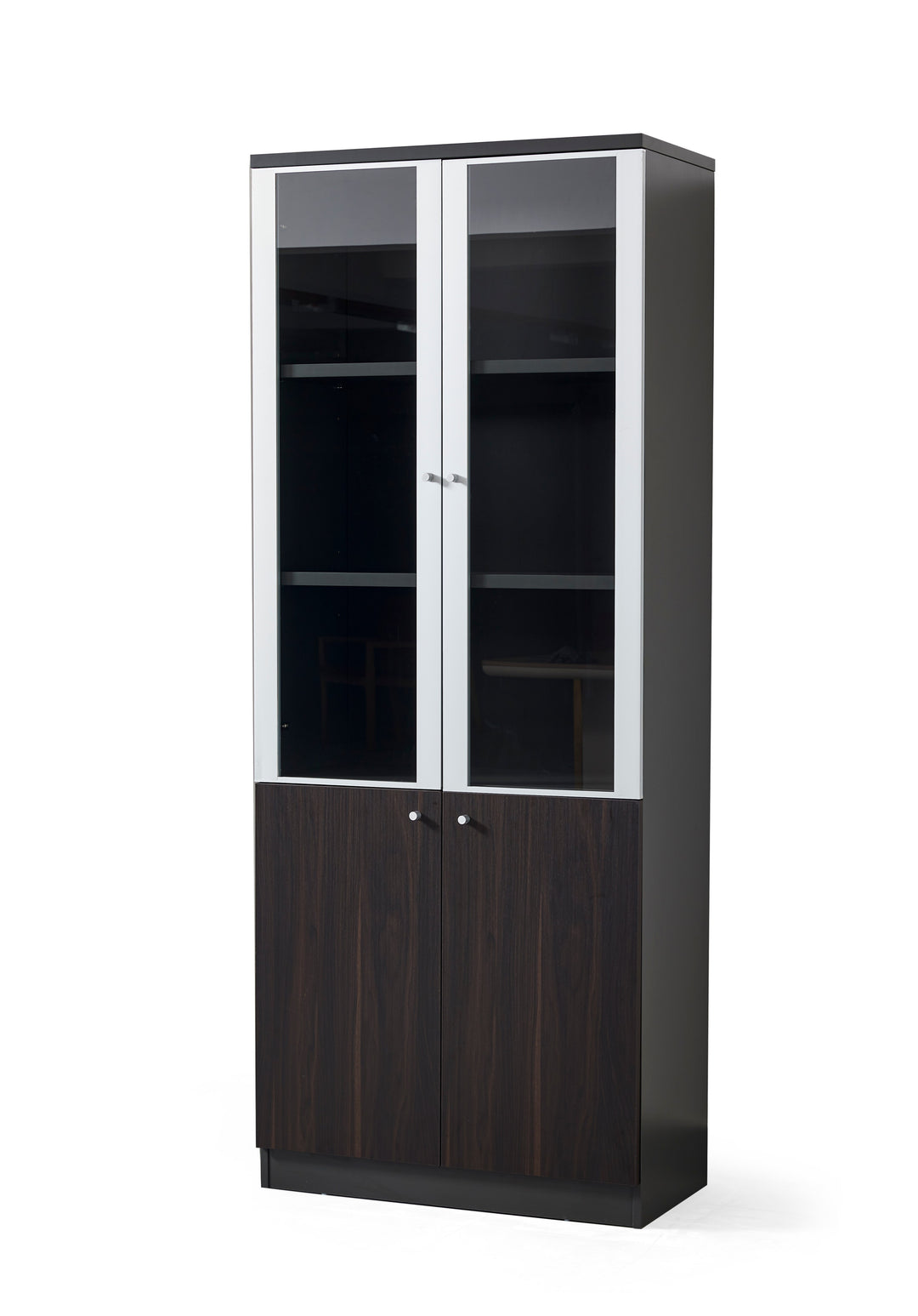 Titan Walnut Plywood Bookshelf with Glass Display and Storage Cabinet – Contemporary Design