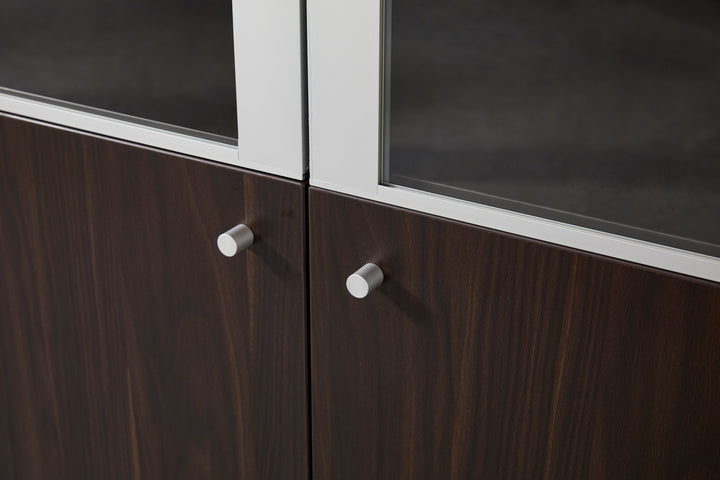 Titan Walnut Plywood Bookshelf with Glass Display and Storage Cabinet – Contemporary Design