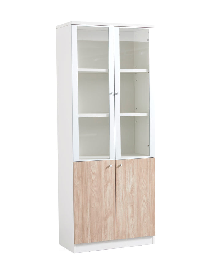 Nika Oak White Plywood Bookshelf with Glass Display and Storage Cabinet – Contemporary Design