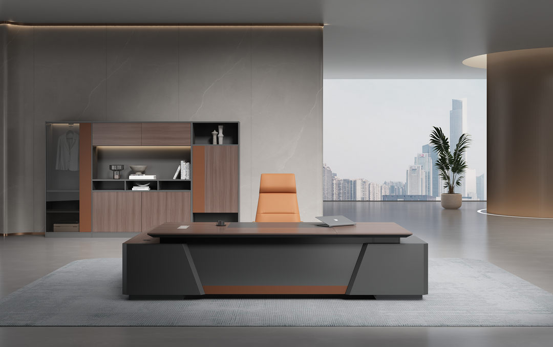 Corner desk with side cabinet/ corner work station/ L shaped desk S901 Teak Grey