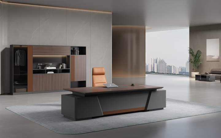 Corner desk with side cabinet/ corner work station/ L shaped desk S901 Teak Grey