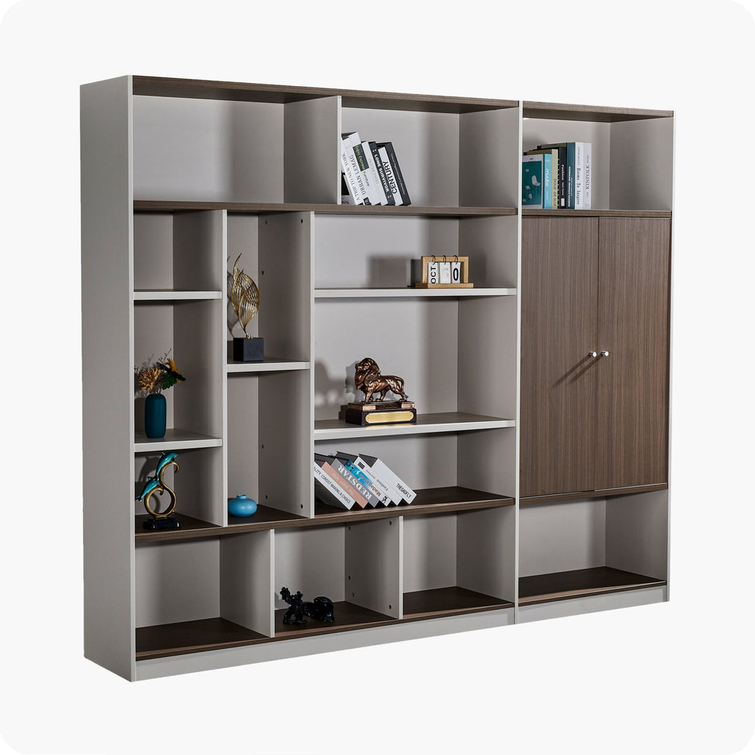 Light Brown and Walnut Plywood Bookshelf with Storage Cabinet – Large Modern Shelving Unit