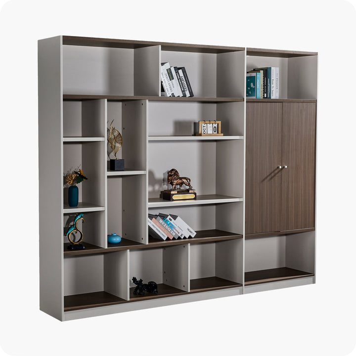 Light Brown and Walnut Plywood Bookshelf with Storage Cabinet – Large Modern Shelving Unit