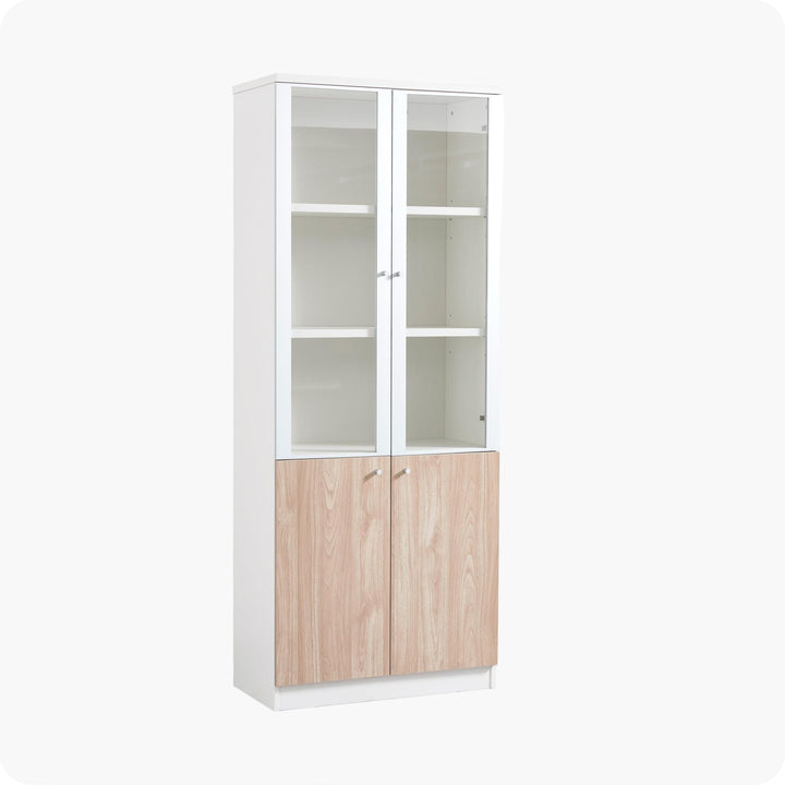 Nika Oak White Plywood Bookshelf with Glass Display and Storage Cabinet – Contemporary Design