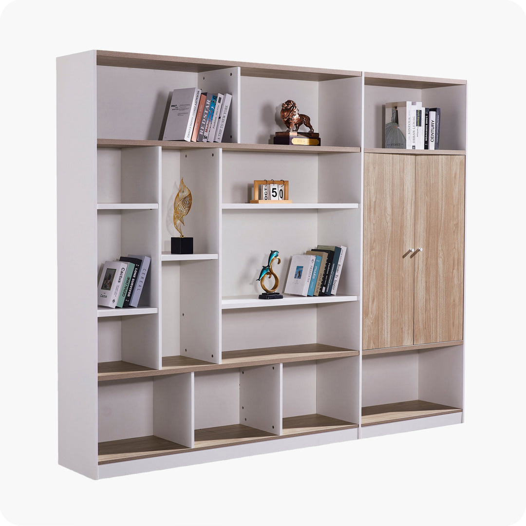 Nika White and Oak Plywood Bookshelf with Storage Cabinet