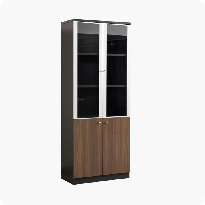 Teak Grey Plywood Bookshelf with Glass Display and Storage Cabinet – Contemporary Design