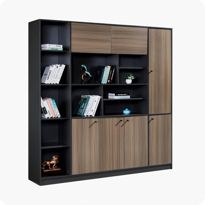 Teak Grey with Black accents PlyWood Bookshelf with Storage Cabinet – Modern Shelving Unit