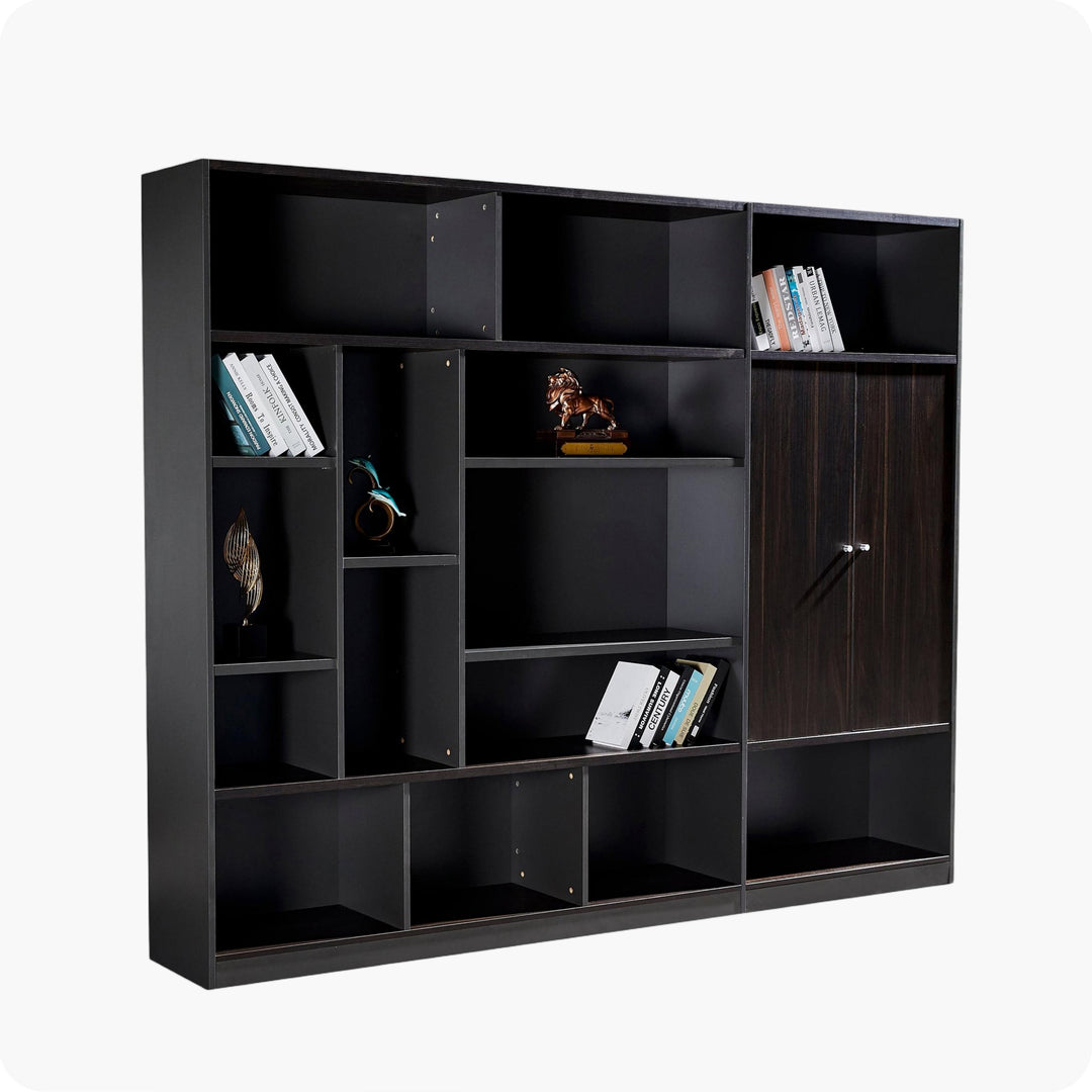 Titan Walnut Plywood Bookshelf with Black Storage Cabinet – Modern Shelving Unit