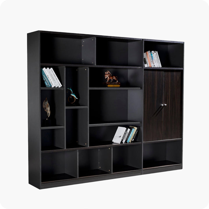 Titan Walnut Plywood Bookshelf with Black Storage Cabinet – Modern Shelving Unit