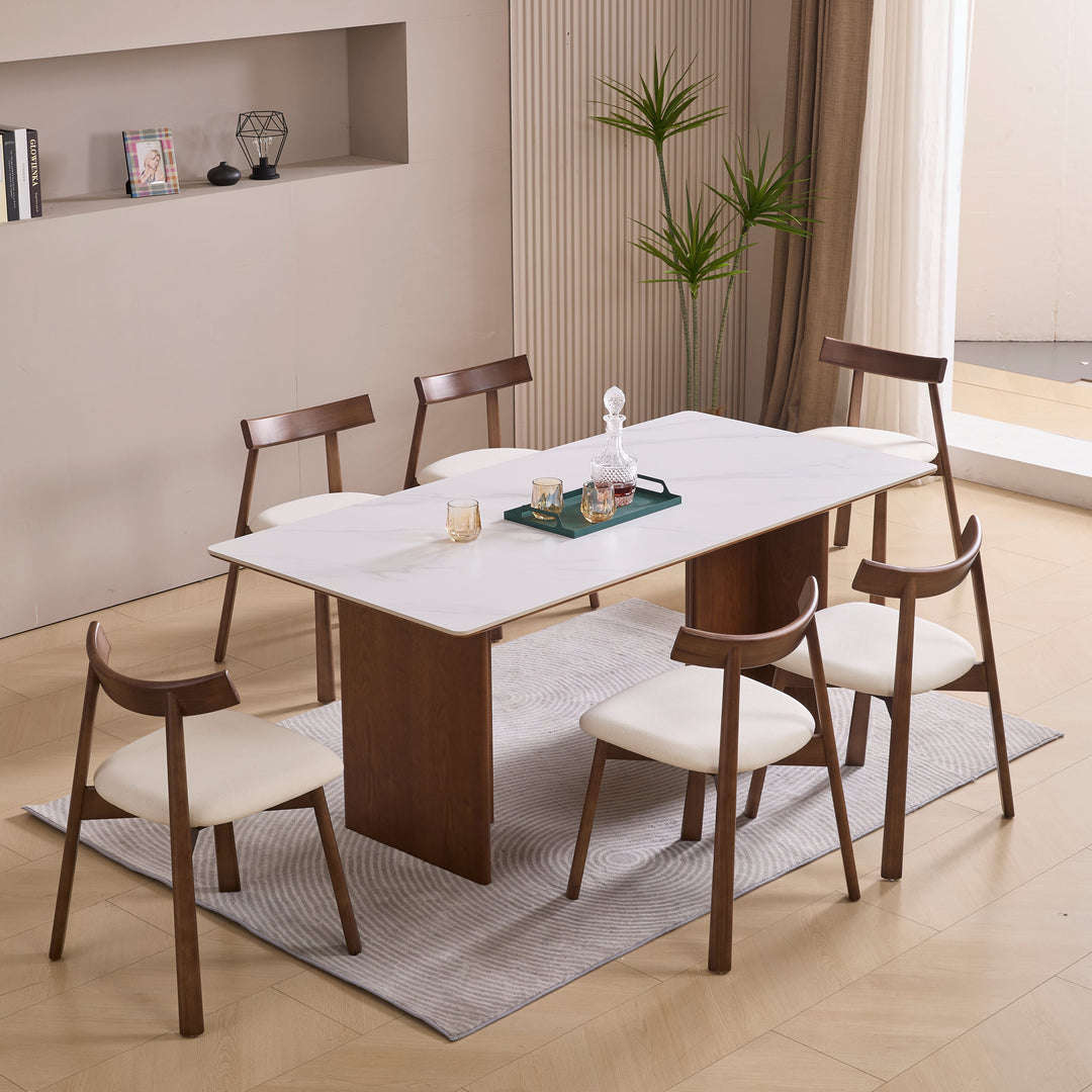 Desk One Valora - Calacatta Glossy Sintered Stone Dining Table with Solid Wood Base