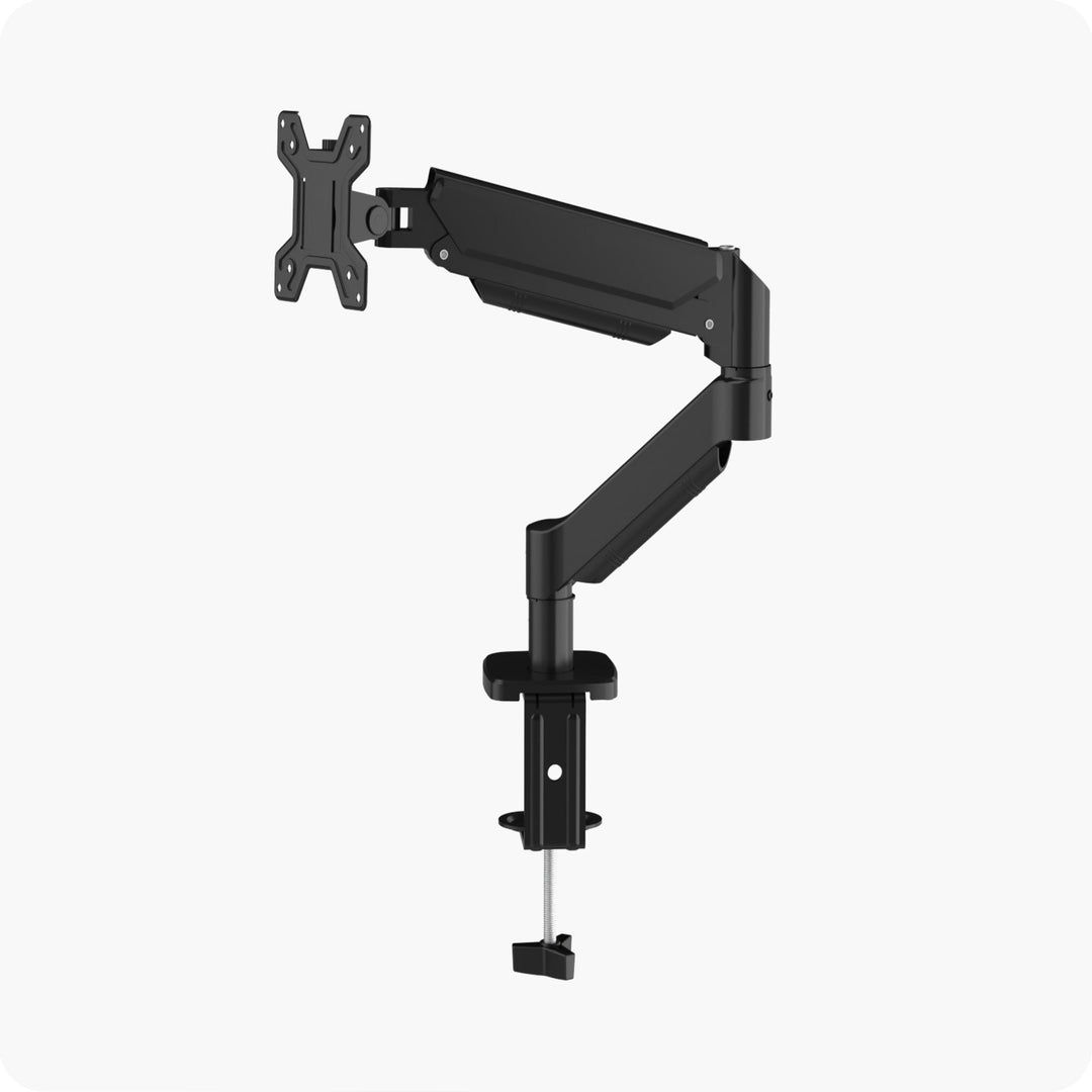 DeskOne full motion single monitor arm with a steel desk clamp mount