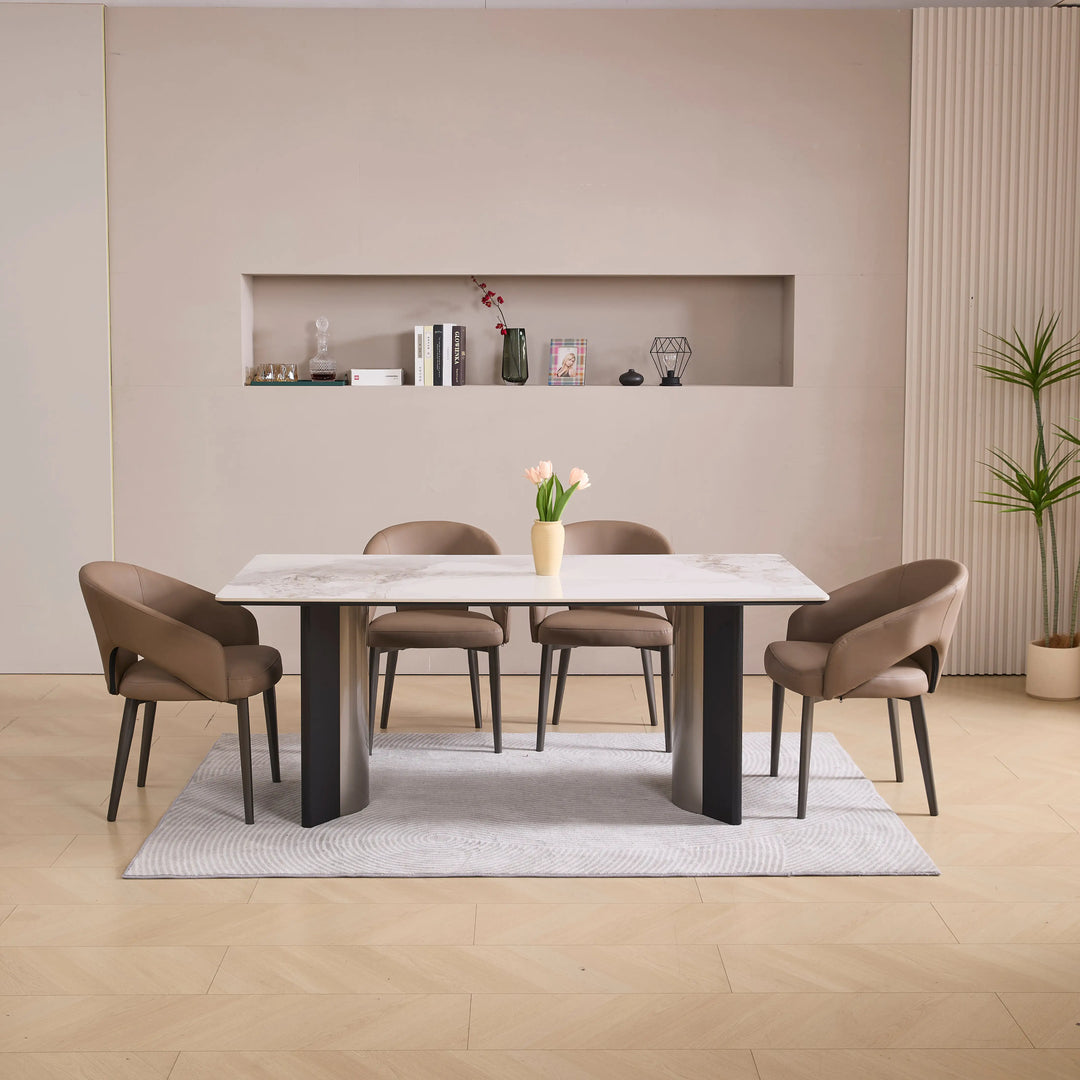 Desk One OliMaré - Curved PU Leather Semi-Armrest Dining Chair in Cream and Taupe