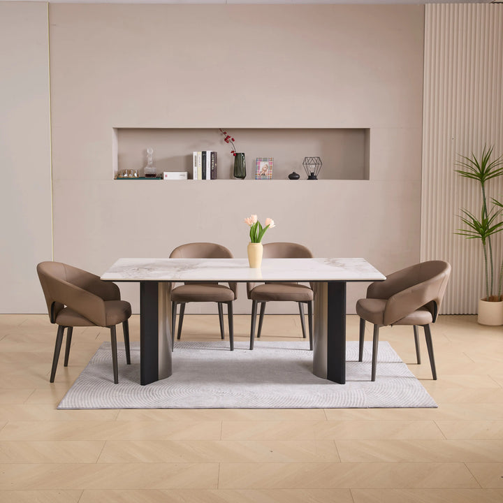 Desk One OliMaré - Curved PU Leather Semi-Armrest Dining Chair in Cream and Taupe