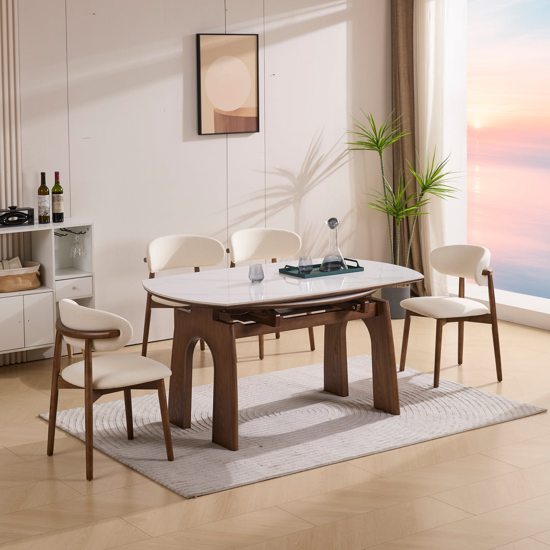 Desk One Orbit Extend - Round Extendable Dining Table in White Sintered Stone and Walnut Wood