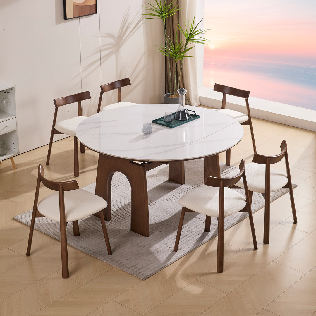 Desk One Orbit Extend - Round Extendable Dining Table in White Sintered Stone and Walnut Wood