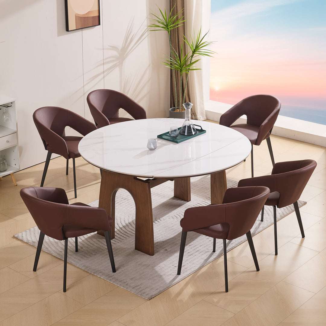 Desk One Orbit Extend - Round Extendable Dining Table in White Sintered Stone and Walnut Wood