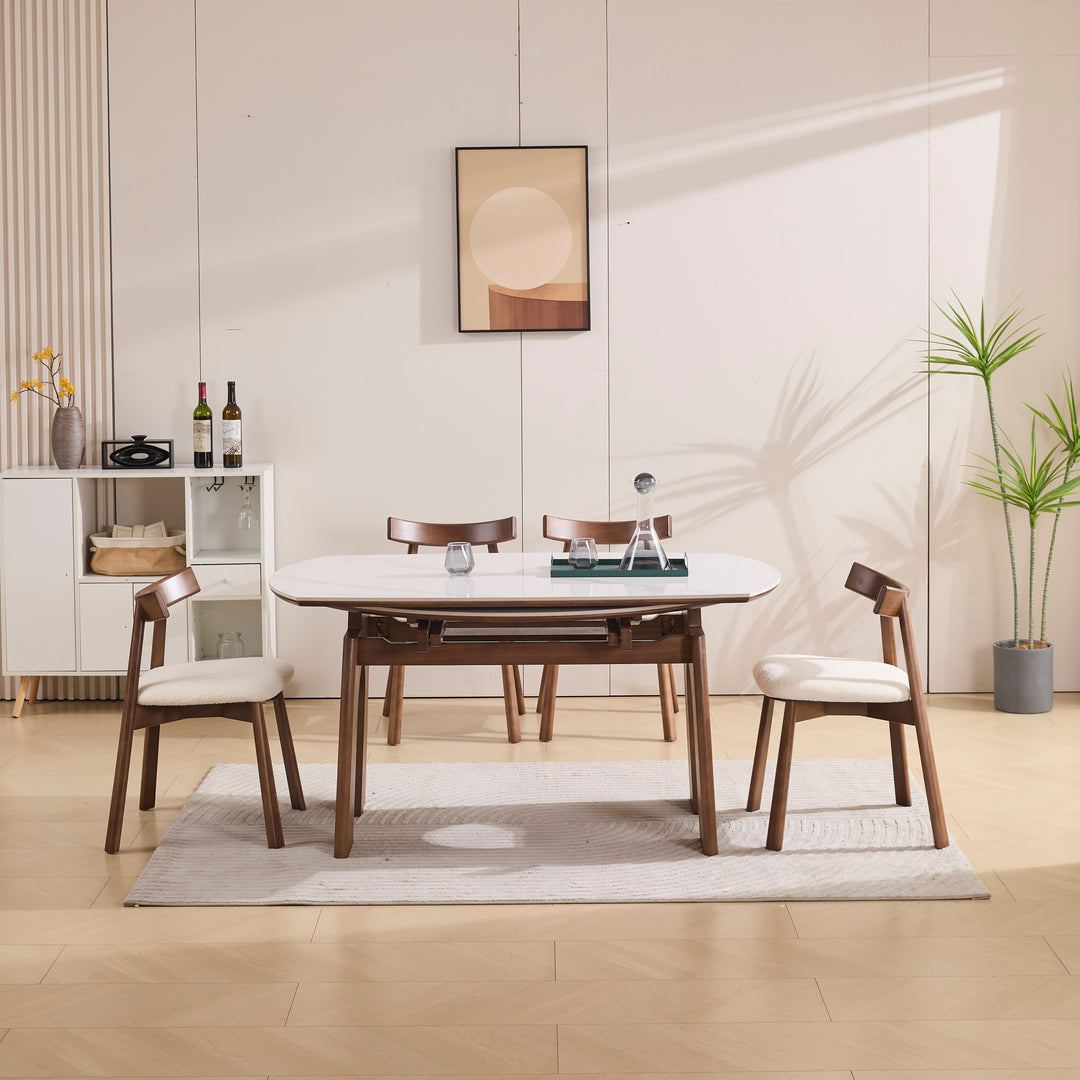 Desk One Orbit Extend - Round Extendable Dining Table in White Sintered Stone and Walnut Wood