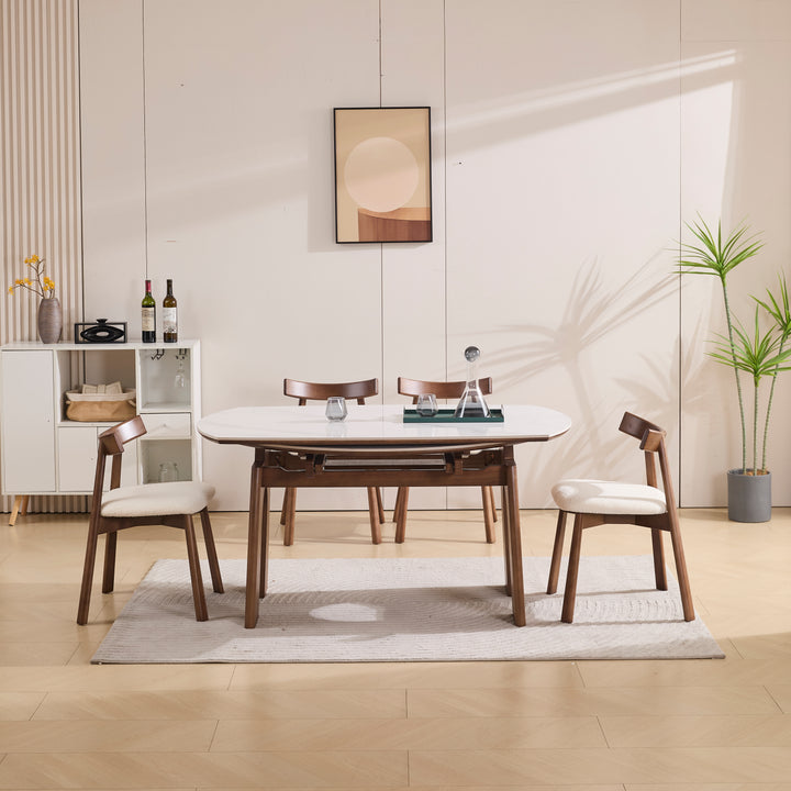 Desk One Orbit Extend - Round Extendable Dining Table in White Sintered Stone and Walnut Wood
