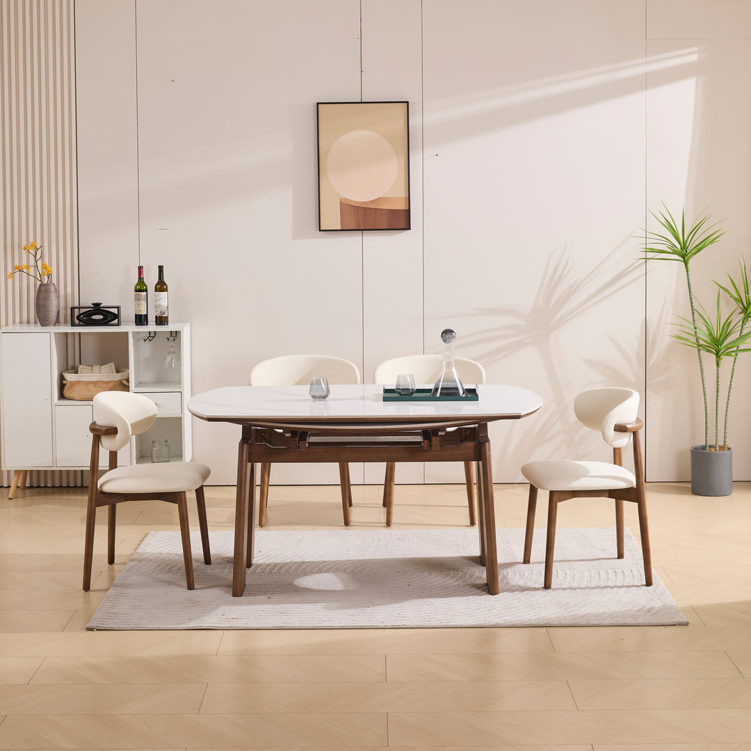 Desk One Orbit Extend - Round Extendable Dining Table in White Sintered Stone and Walnut Wood
