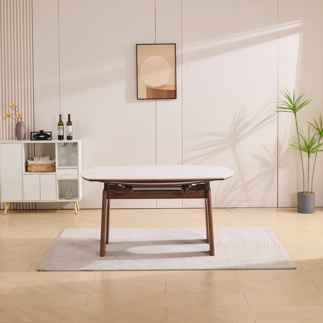 Desk One Orbit Extend - Round Extendable Dining Table in White Sintered Stone and Walnut Wood