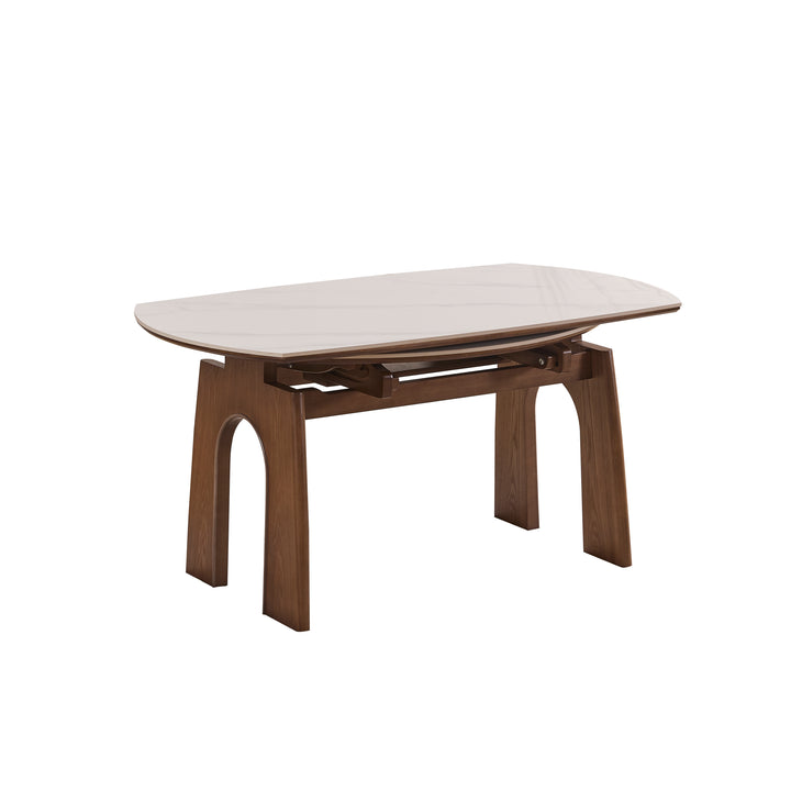 Desk One Orbit Extend - Round Extendable Dining Table in White Sintered Stone and Walnut Wood