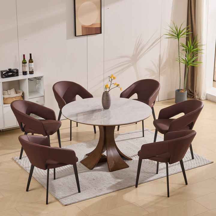 Desk One Forma - Grey Marble-Look Sintered Stone Round Dining Table with Walnut Pedestal