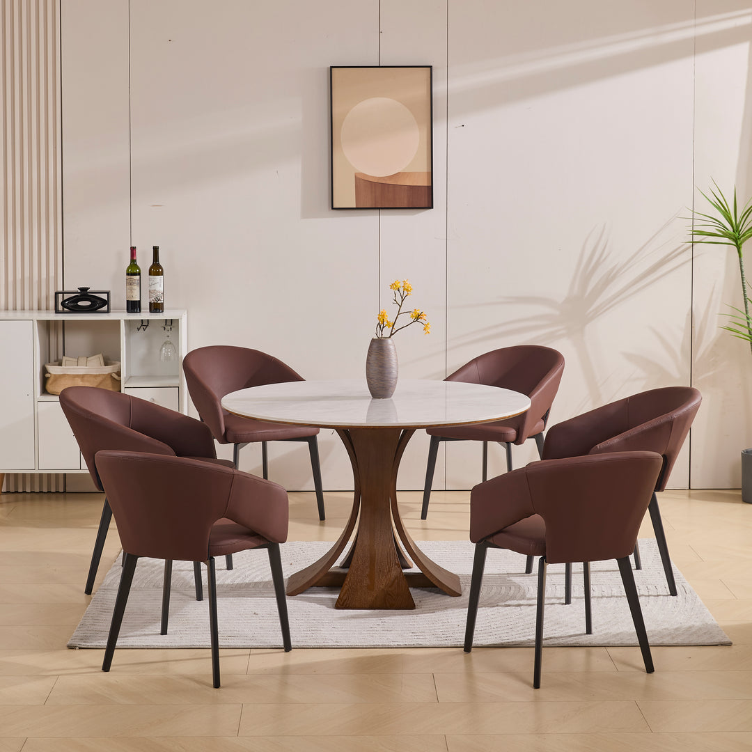Desk One Forma - Grey Marble-Look Sintered Stone Round Dining Table with Walnut Pedestal