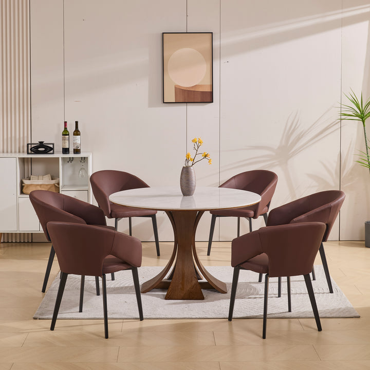 Desk One Forma - Grey Marble-Look Sintered Stone Round Dining Table with Walnut Pedestal