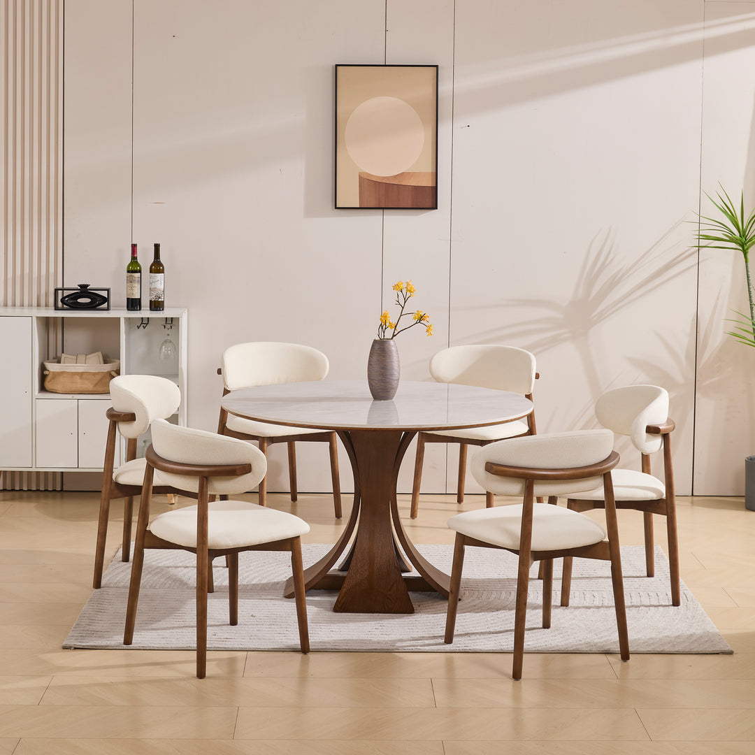 Desk One Forma - Grey Marble-Look Sintered Stone Round Dining Table with Walnut Pedestal