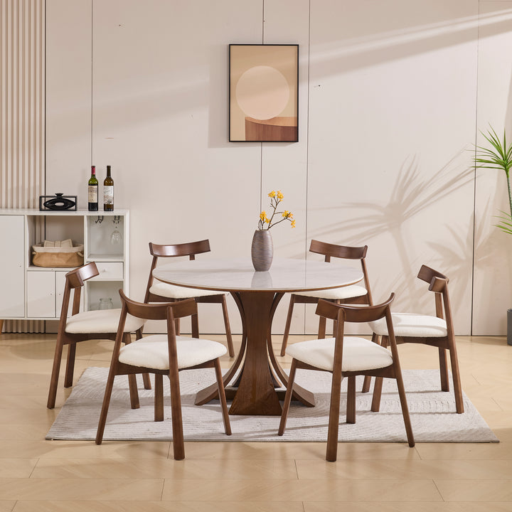 Desk One Forma - Grey Marble-Look Sintered Stone Round Dining Table with Walnut Pedestal