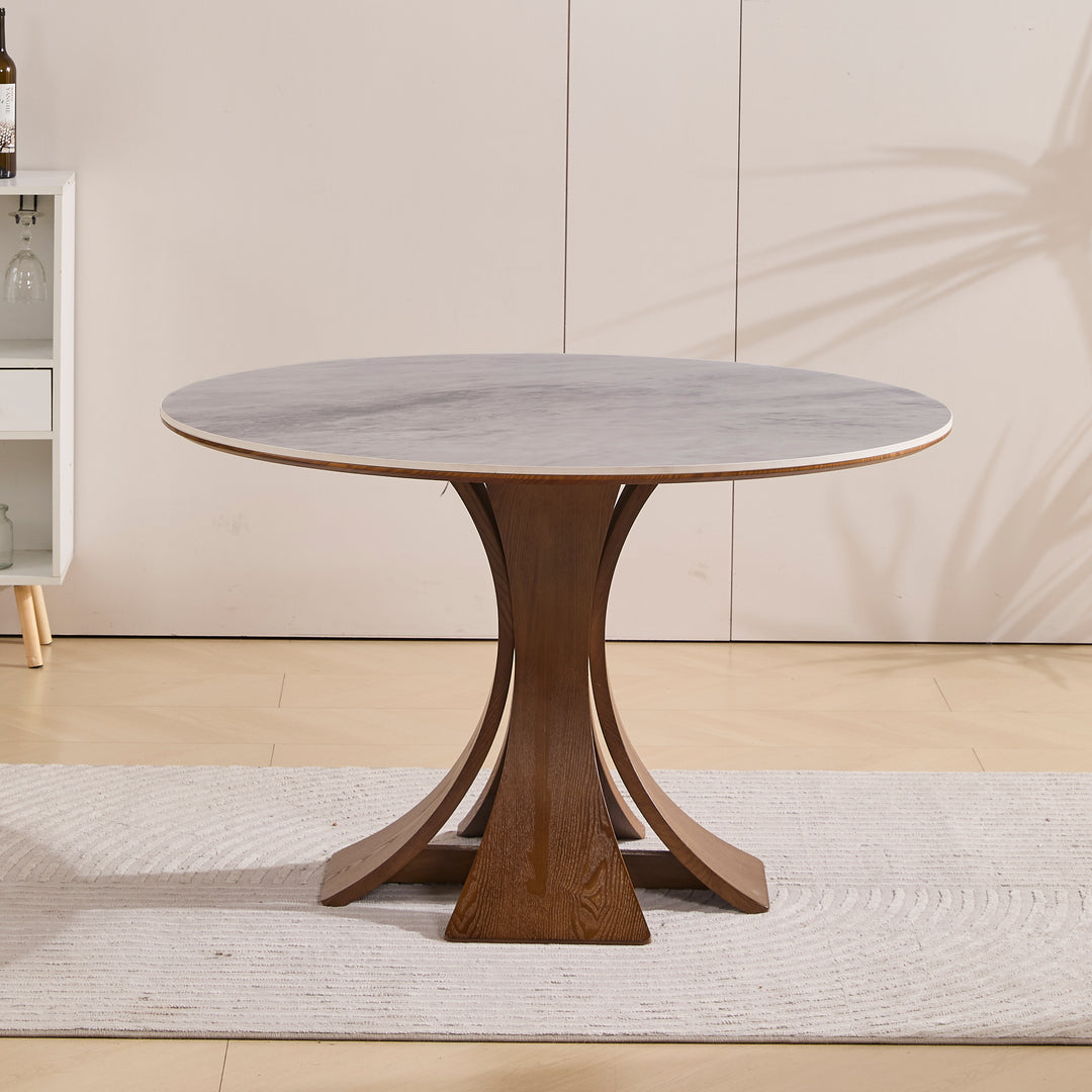 Desk One Forma - Grey Marble-Look Sintered Stone Round Dining Table with Walnut Pedestal