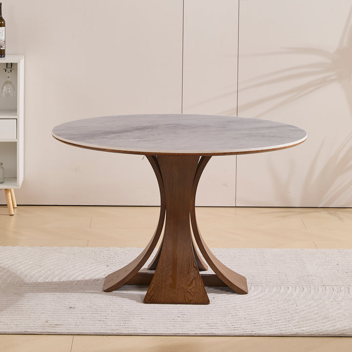 Desk One Forma - Grey Marble-Look Sintered Stone Round Dining Table with Walnut Pedestal