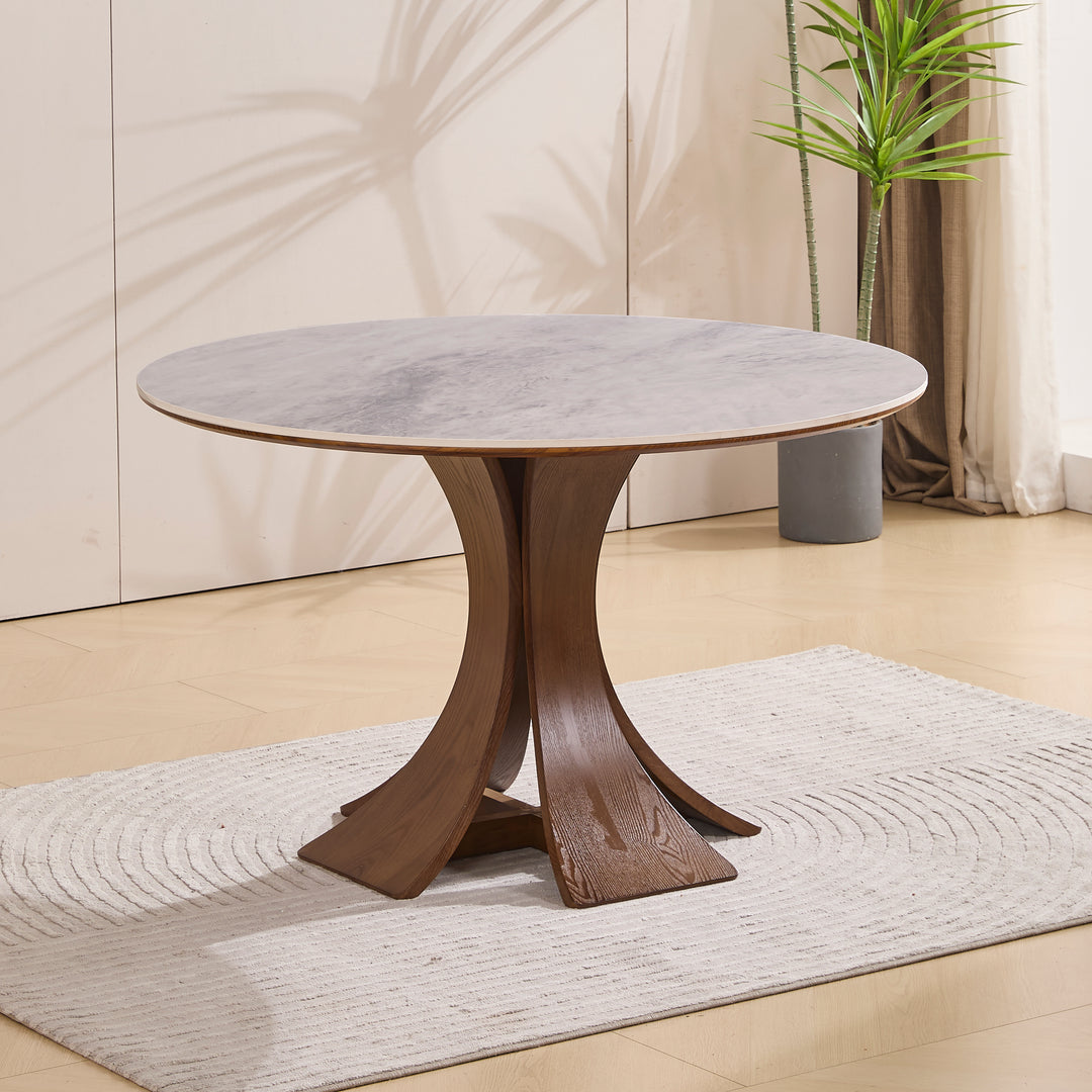 Desk One Forma - Grey Marble-Look Sintered Stone Round Dining Table with Walnut Pedestal