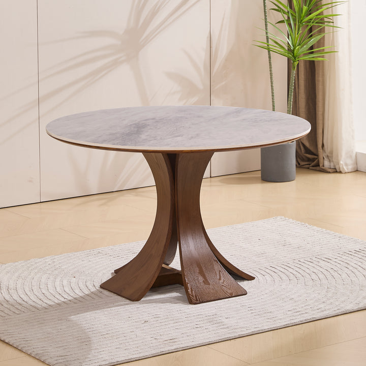 Desk One Forma - Grey Marble-Look Sintered Stone Round Dining Table with Walnut Pedestal