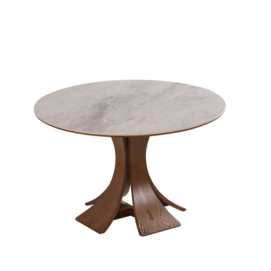 Desk One Forma - Grey Marble-Look Sintered Stone Round Dining Table with Walnut Pedestal